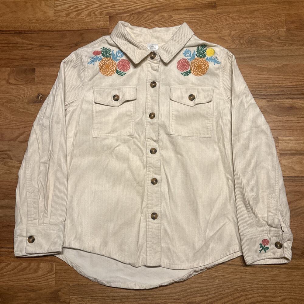 Disney Pixar Coco Embroidered Corduroy Shirt Jacket Cream Floral Sugar Skull XL